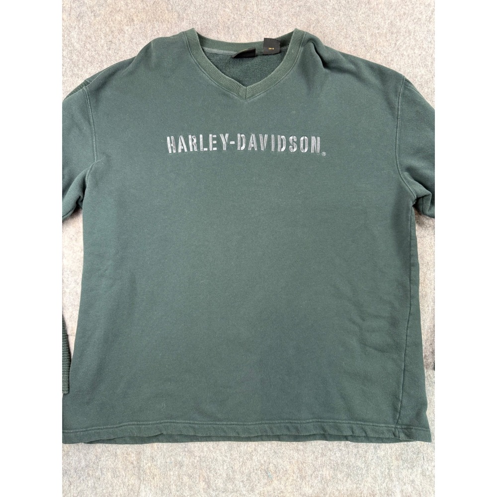 Harley-Davidson Sweatshirt Mens XXL Green V-Neck Long Sleeve Cotton Pullover